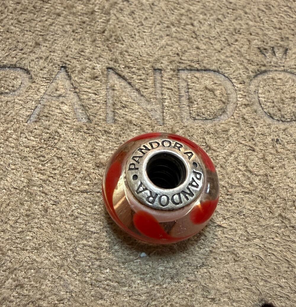 PANDORA 925 Sterling Silver Red and White Murano Glass Swirl Bead Charm Retired